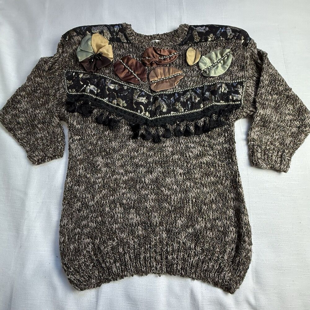 Vintage Bonnie And Bill Leaf Appliqué Fringe Knit Pullover Sweater Sz M